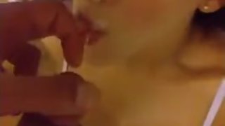 Super beauty french teen gives BJ with cum on face and bra