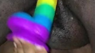 Ebony teen fucks fat pussy in bathroom while family is home