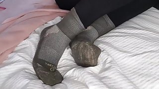 Foot fetish - sweaty stinky hiking socks - Lick my size 9 feet clean loser