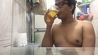 chubby beginner slut pig drinking piss and licking feet