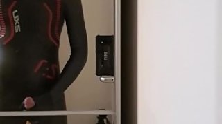 wank jerkoff in 2xt neoprene triathlon wetsuit and pup hood mask